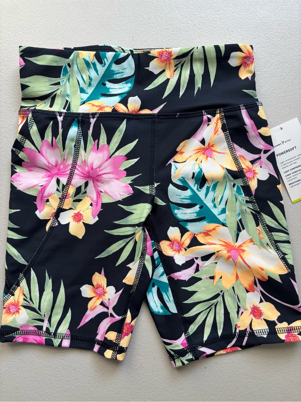 Floral High-Rise Active Bike Shorts - Black Tropical, size 8/M